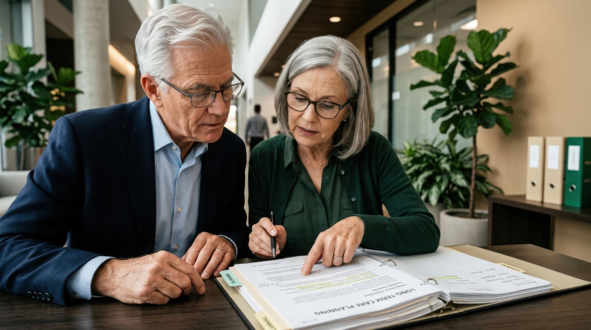 Elder couple reviews long term care options together